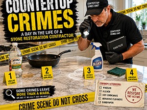 Stone restoration contractor at a mock crime scene titled 'Countertop Crimes', showing four labeled steps with cleaning products and crime-scene tape.