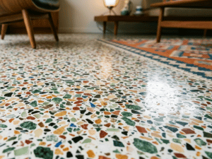 Low-angle view of a terrazzo floor with multicolored stone chips in a living room, with furniture and a rug in the background.
